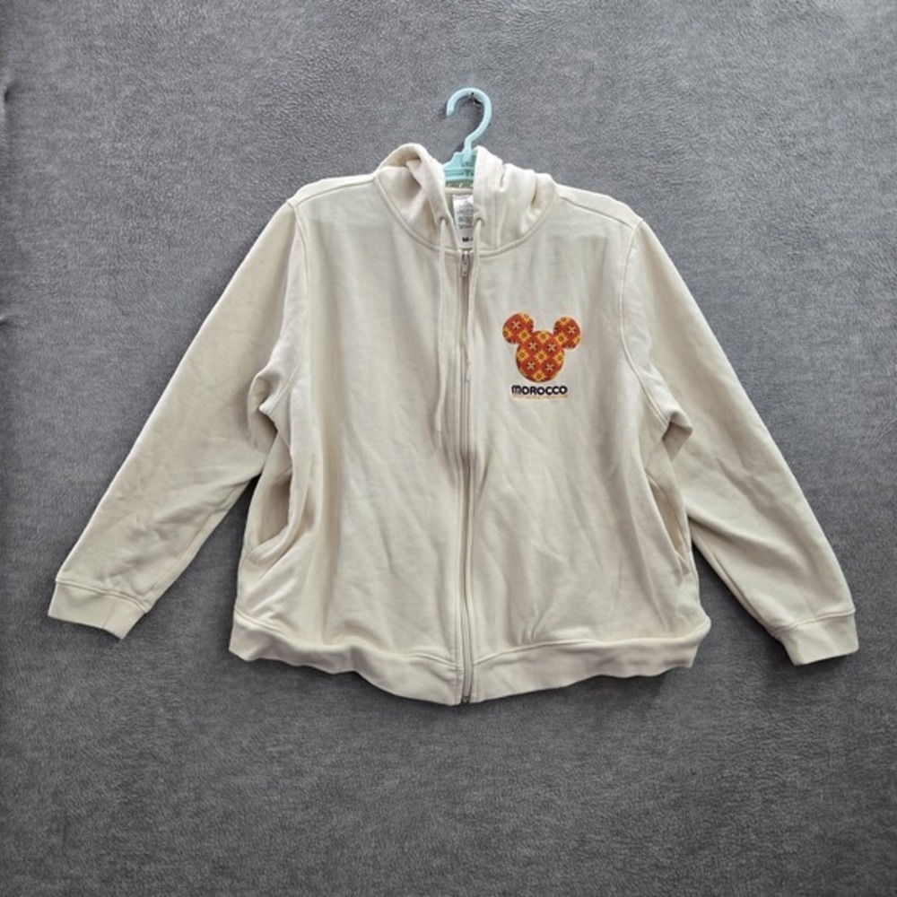 Disney Women Hoodie 1X Cream MOROCCO EPCOT Embroidery Floral Fleece Mickey Mouse